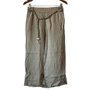 Nile Linen High Rise Waist Belted Wide Leg Capri Crop Pants Bottoms Green